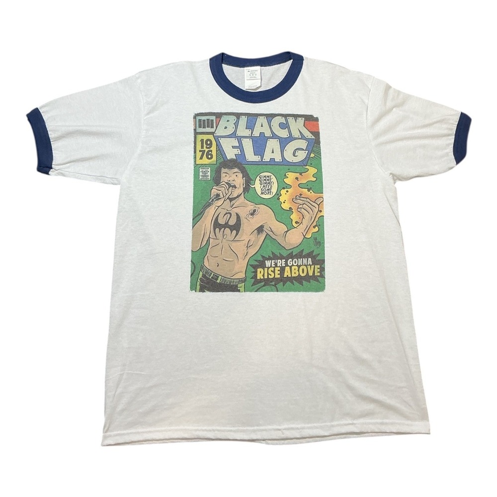 Black Flag Rise Above Graphic Ringer Tee Mens White Navy Blue Punk  Shirt 2XL
